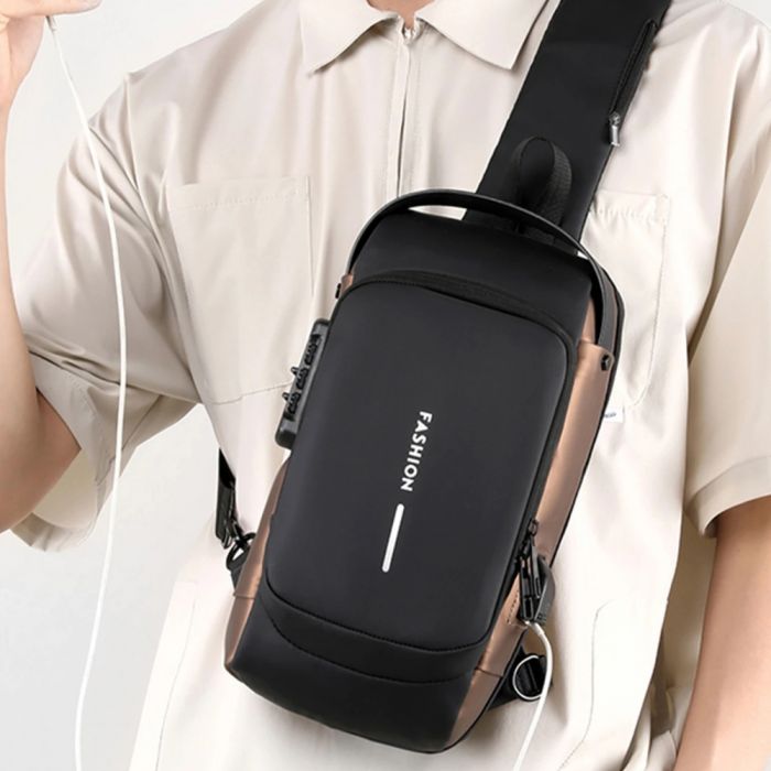 Morral Antirrobo Oxford Negro con Bronce